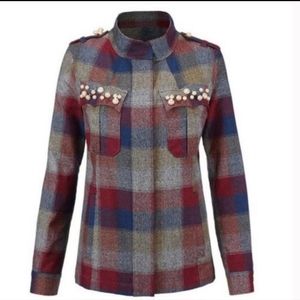 Cabi Women's Size XS Plaid Pearl Embellished Zip Up Topper Jacket Boho Chic